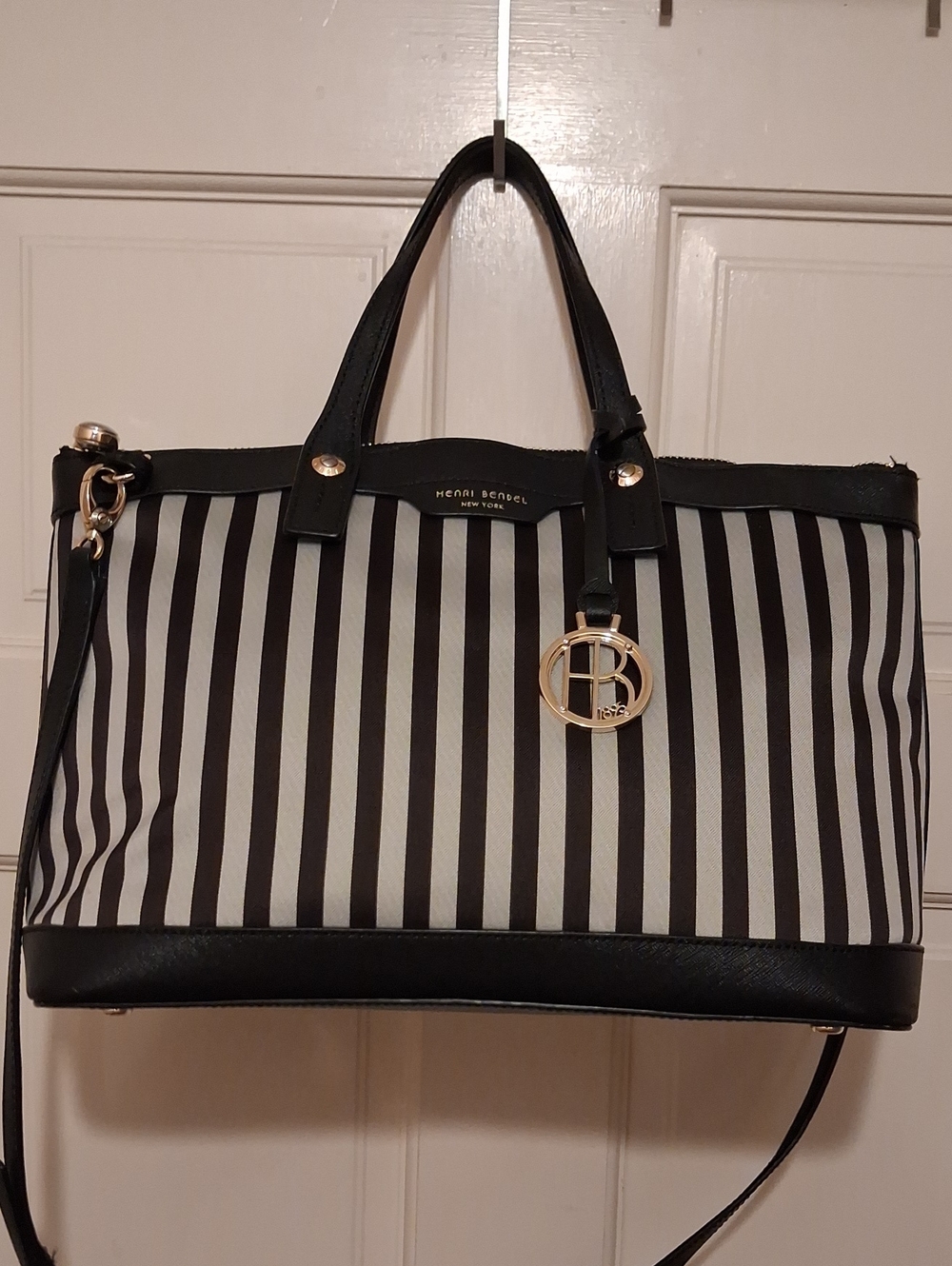 Henri Bendel Black And Gray Stripes Satchel.canvas And Leather.